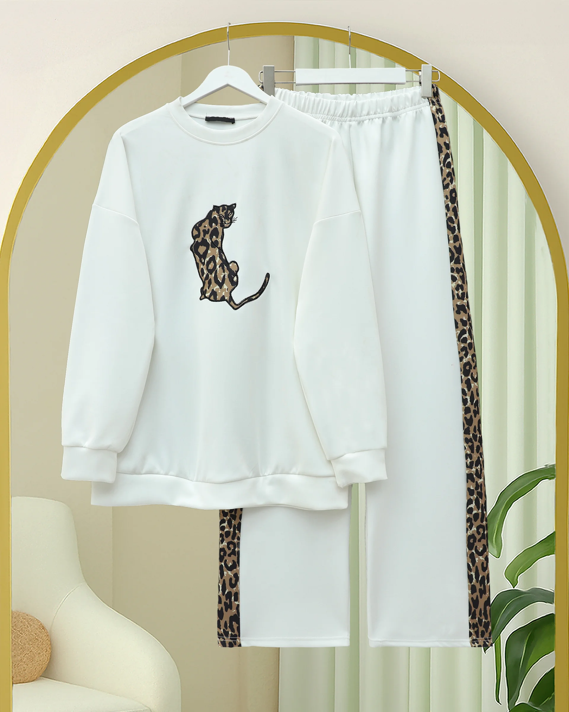 White Leopard Print Scuba Loungewear Set with Trousers - Podyumplus - by Peralane
