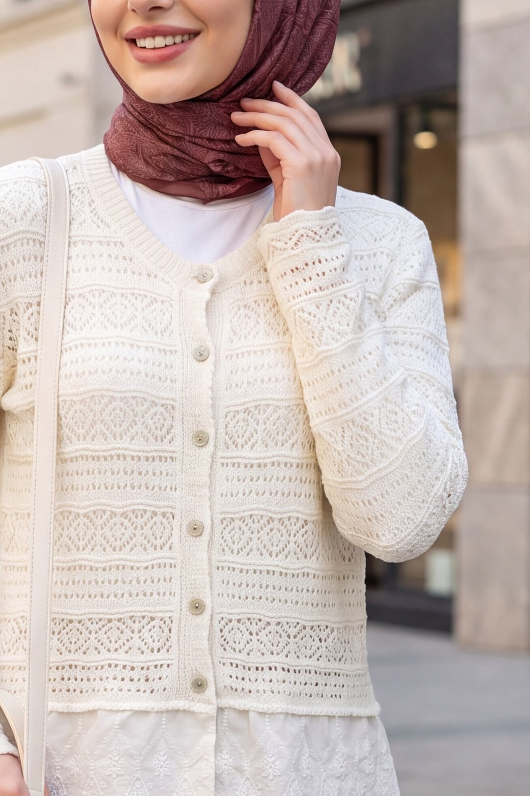 Lace Hem Buttoned Openwork Knit Cardigan - Ecru - Podyumplus - by Peralane - photo 9