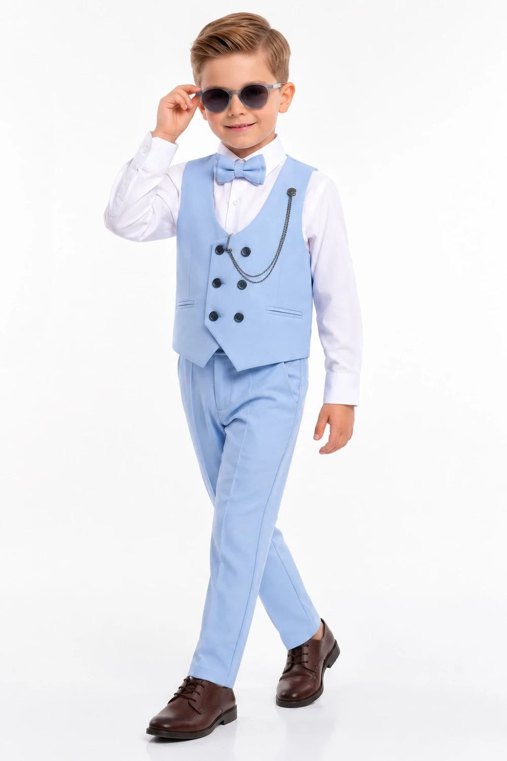 Boys' 4-Piece Waistcoat Suit Set (Light Blue, Ages 7-10) - Terry - by Peralane