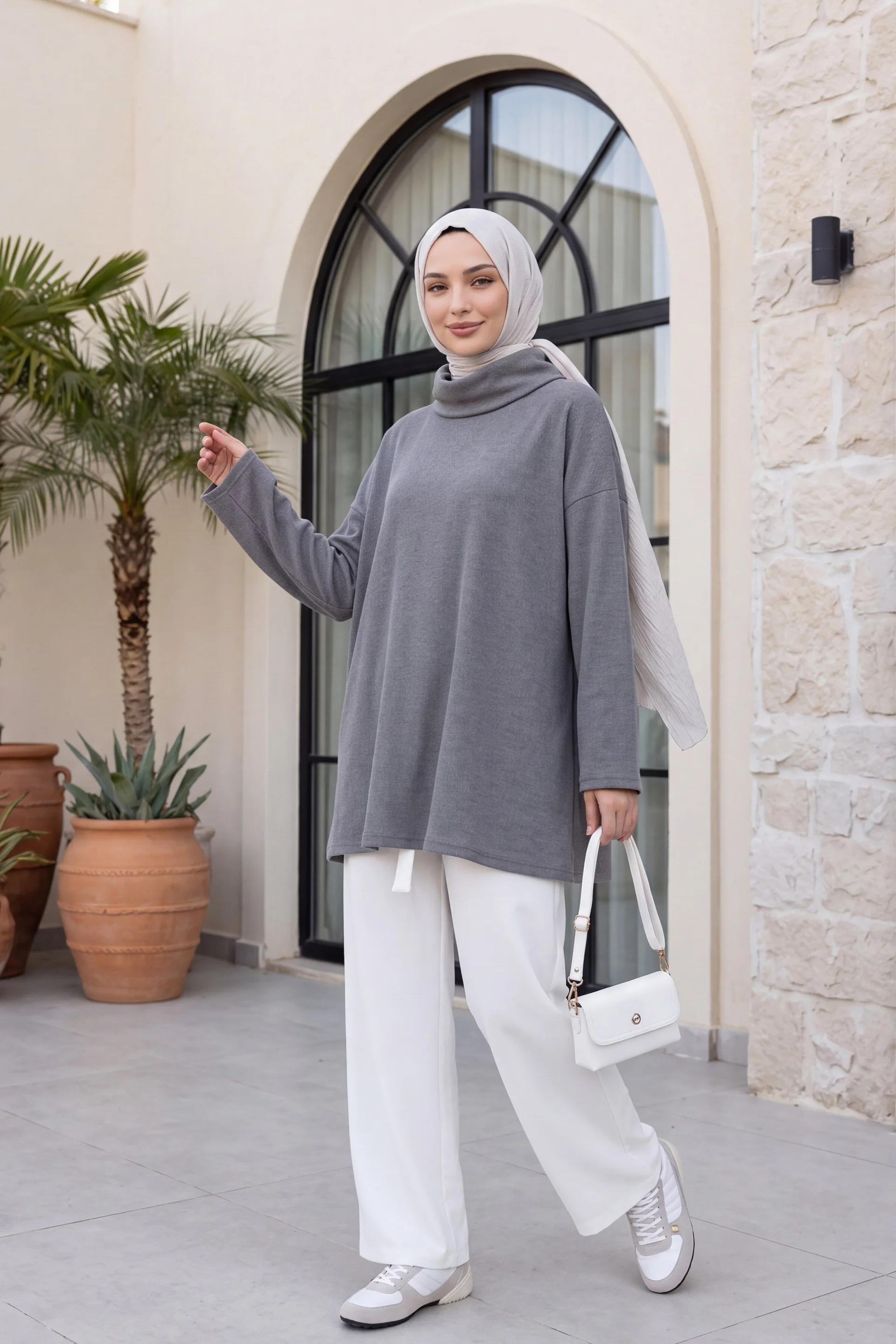 Turtleneck Slit Selanik Tunic - Grey - Podyumplus - by Peralane - photo 2
