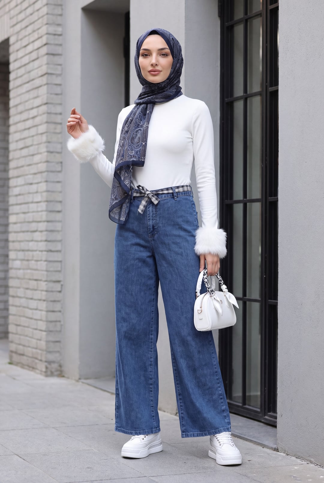 Wide-Leg Belted Zip-Front Denim Jeans - Dark Blue - Podyumplus - by Peralane - photo 3