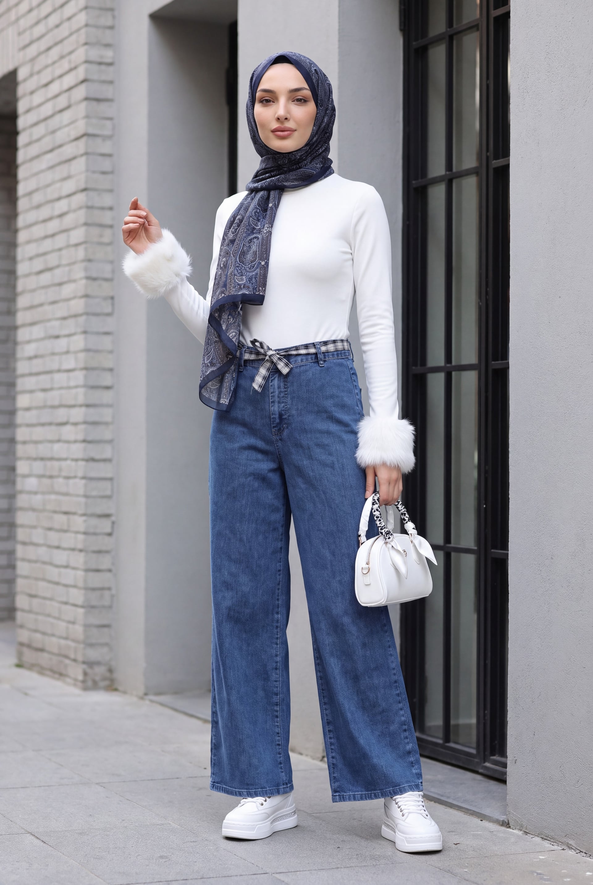 Wide-Leg Belted Zip-Front Denim Jeans - Dark Blue - Podyumplus - by Peralane - photo 3