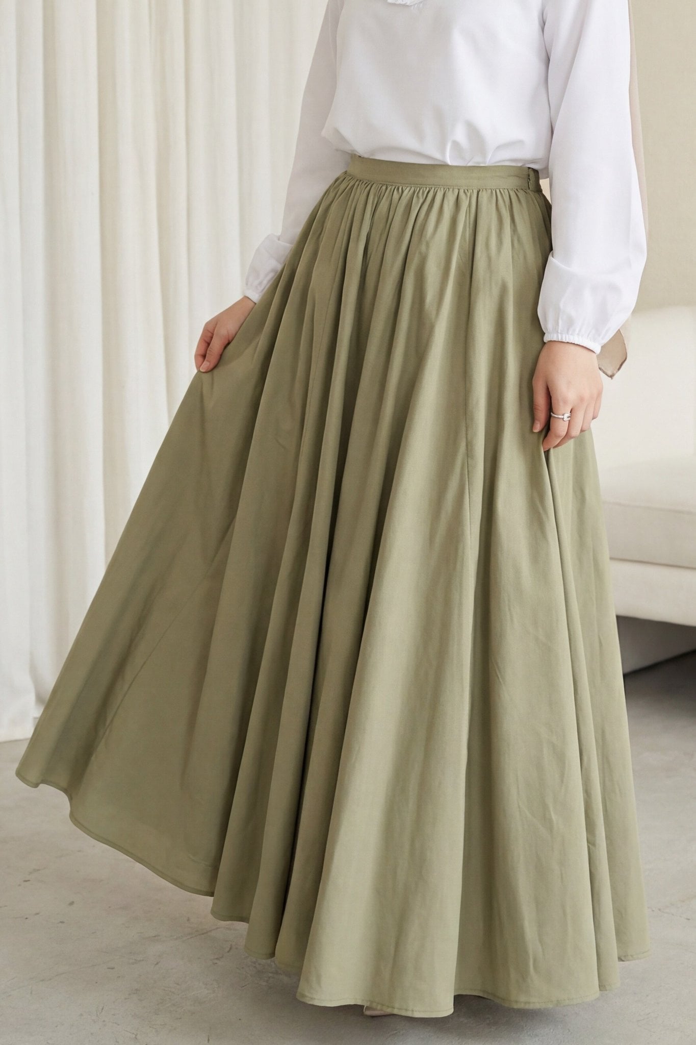 Zippered Lined Summer Flared Skirt in Olive Green - Podyumplus - by Peralane