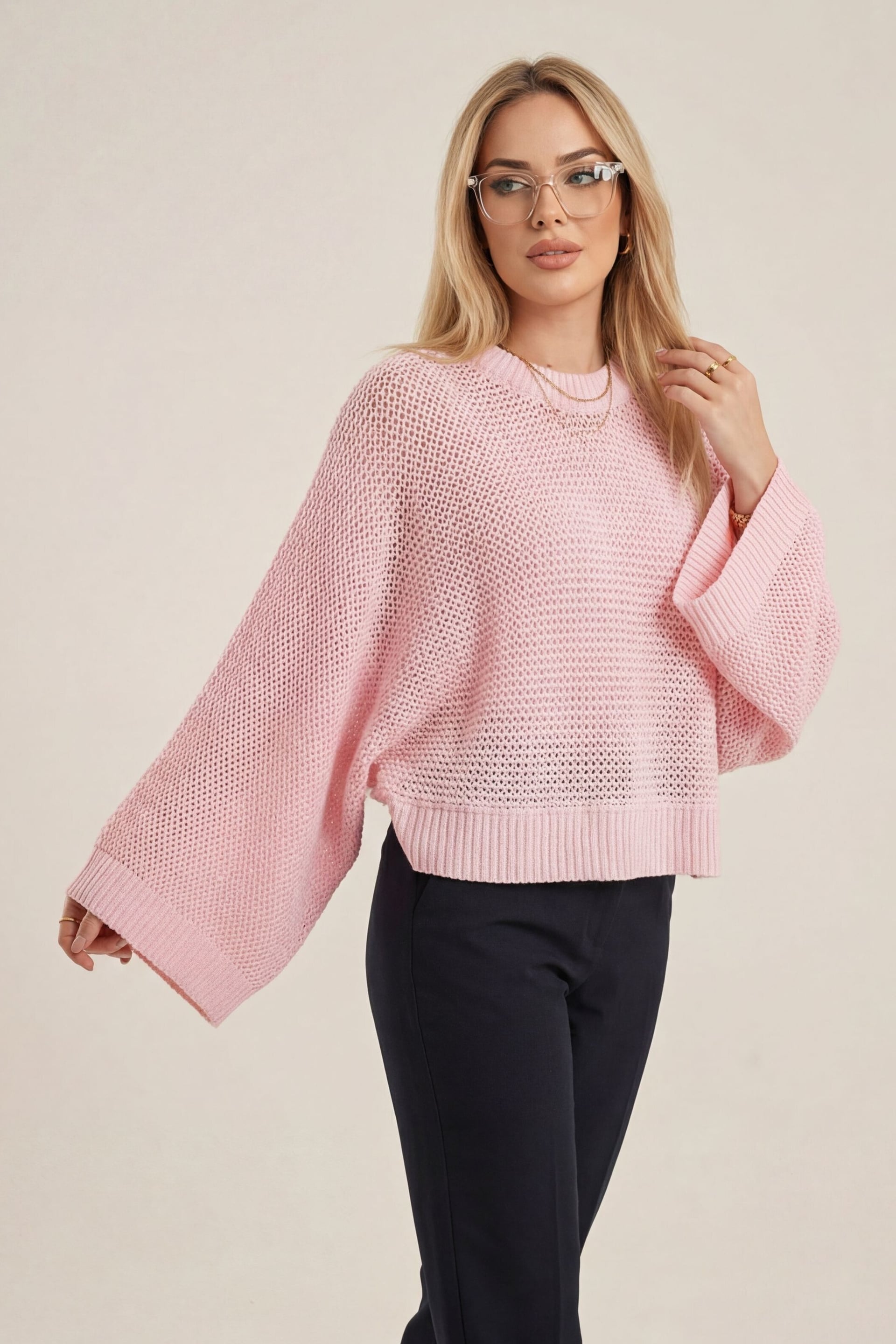 Batwing Sleeve Open-Knit Sweater - Powder - Podyumplus - by Peralane - photo 2