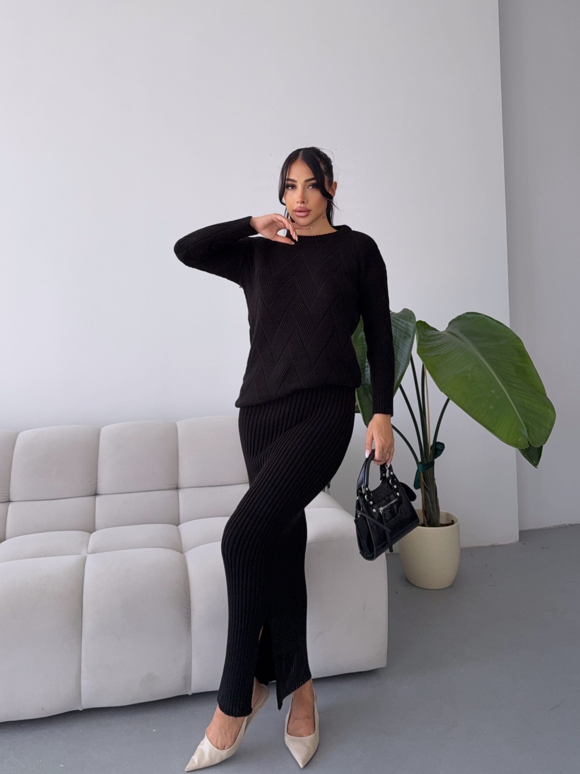 Women's Black Knit Sweater and Skirt Set - My Bee - by Peralane