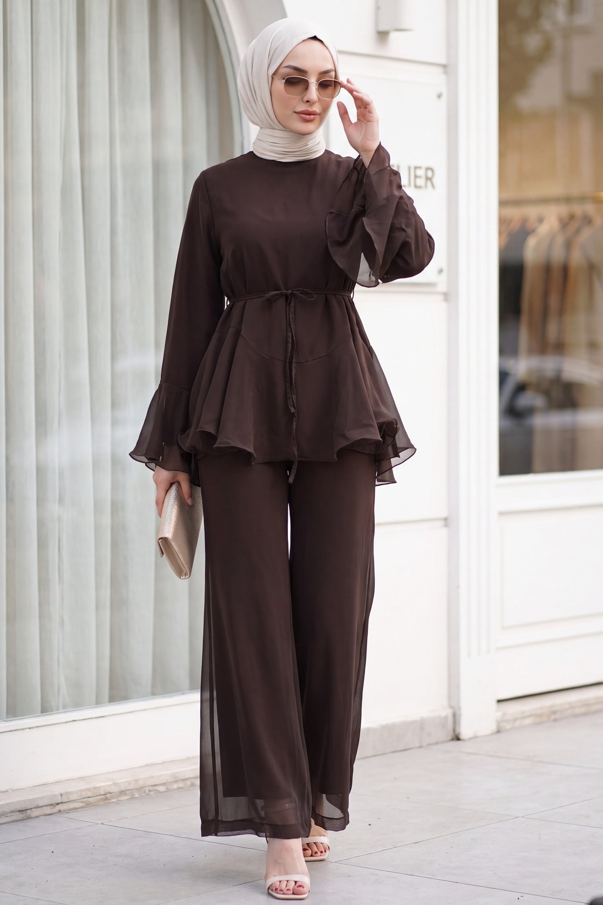 Dark Brown Ruffled Sleeve and Belted Lined Chiffon Blouse and Trousers Set - Podyumplus - by Peralane - photo 3