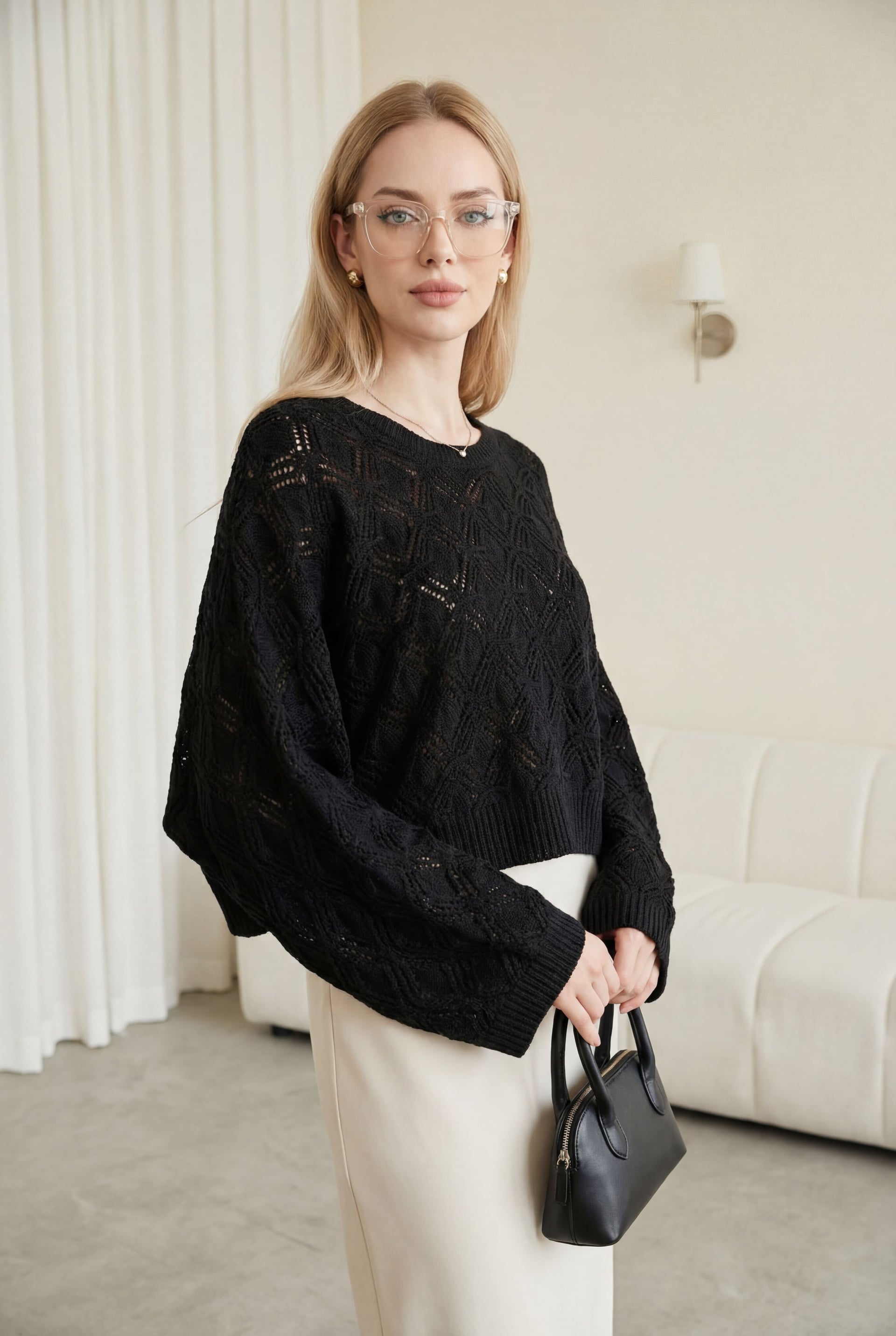 Round Neck Batwing Sleeve Lace Knit Sweater - Black - Podyumplus - by Peralane - photo 2