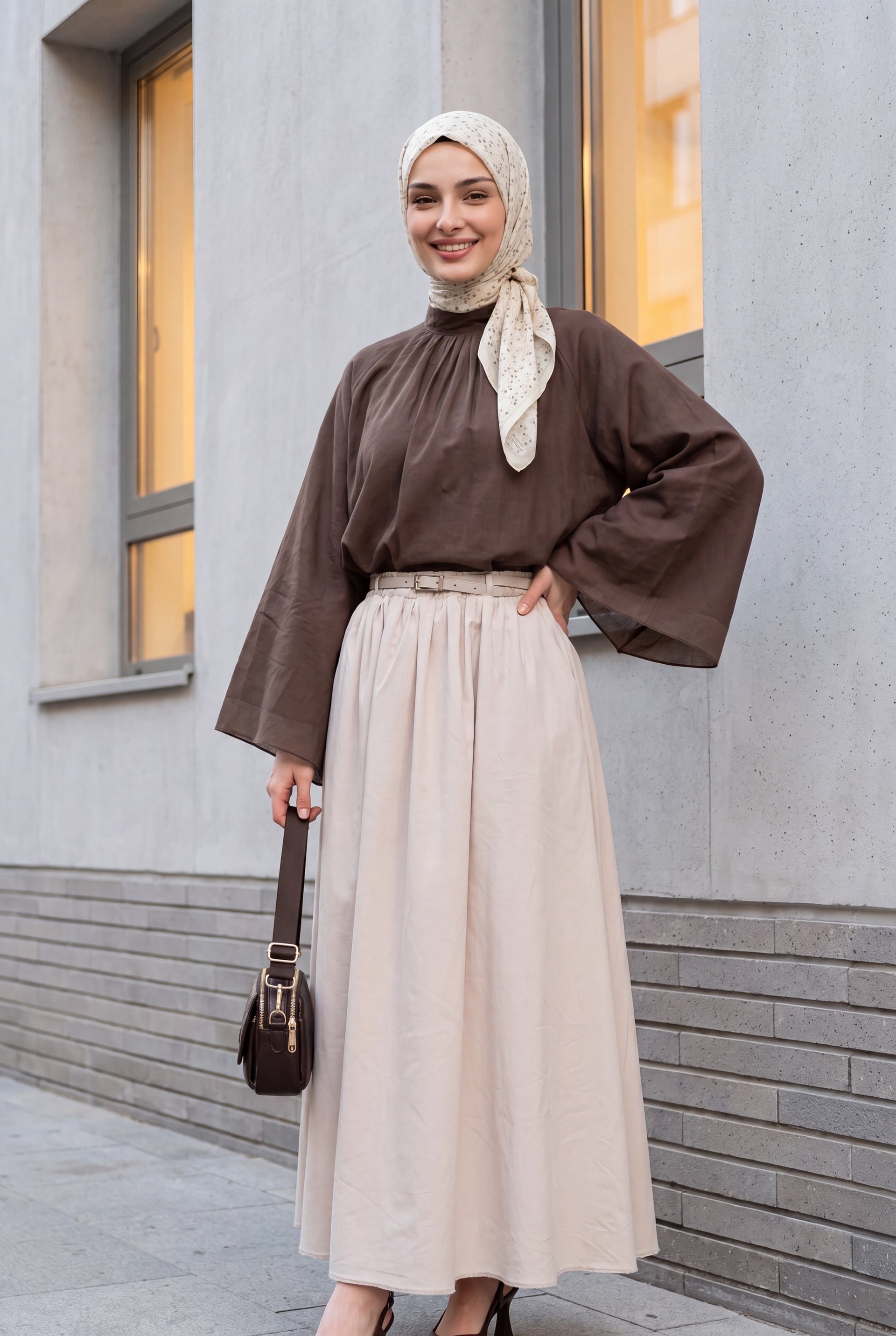 Brown Shawl Collar Spanish Sleeve Lined Voile Blouse - Podyumplus - by Peralane - photo 4
