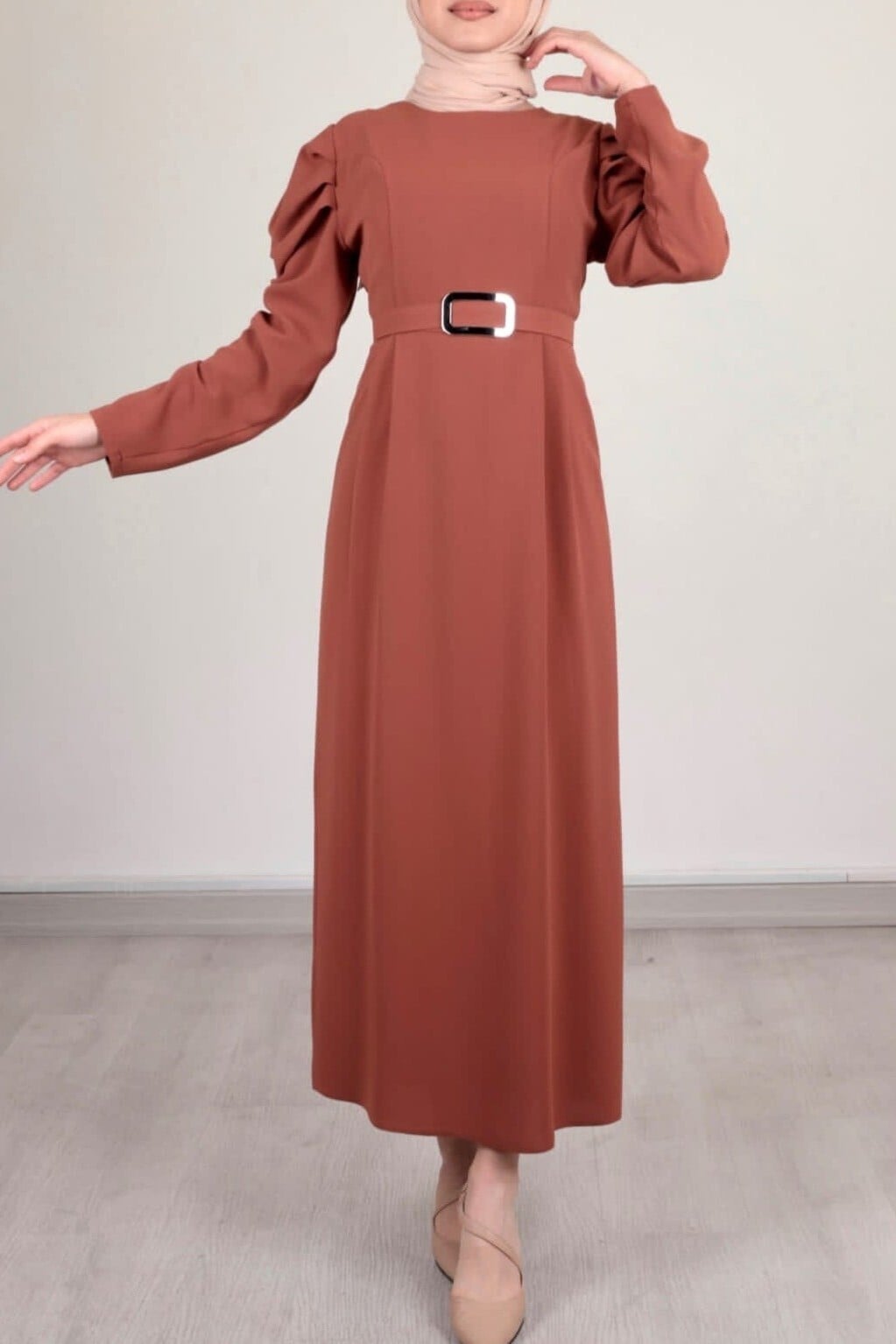 Puff Sleeve Belted Modest Dress - Tan - Podyumplus - by Peralane