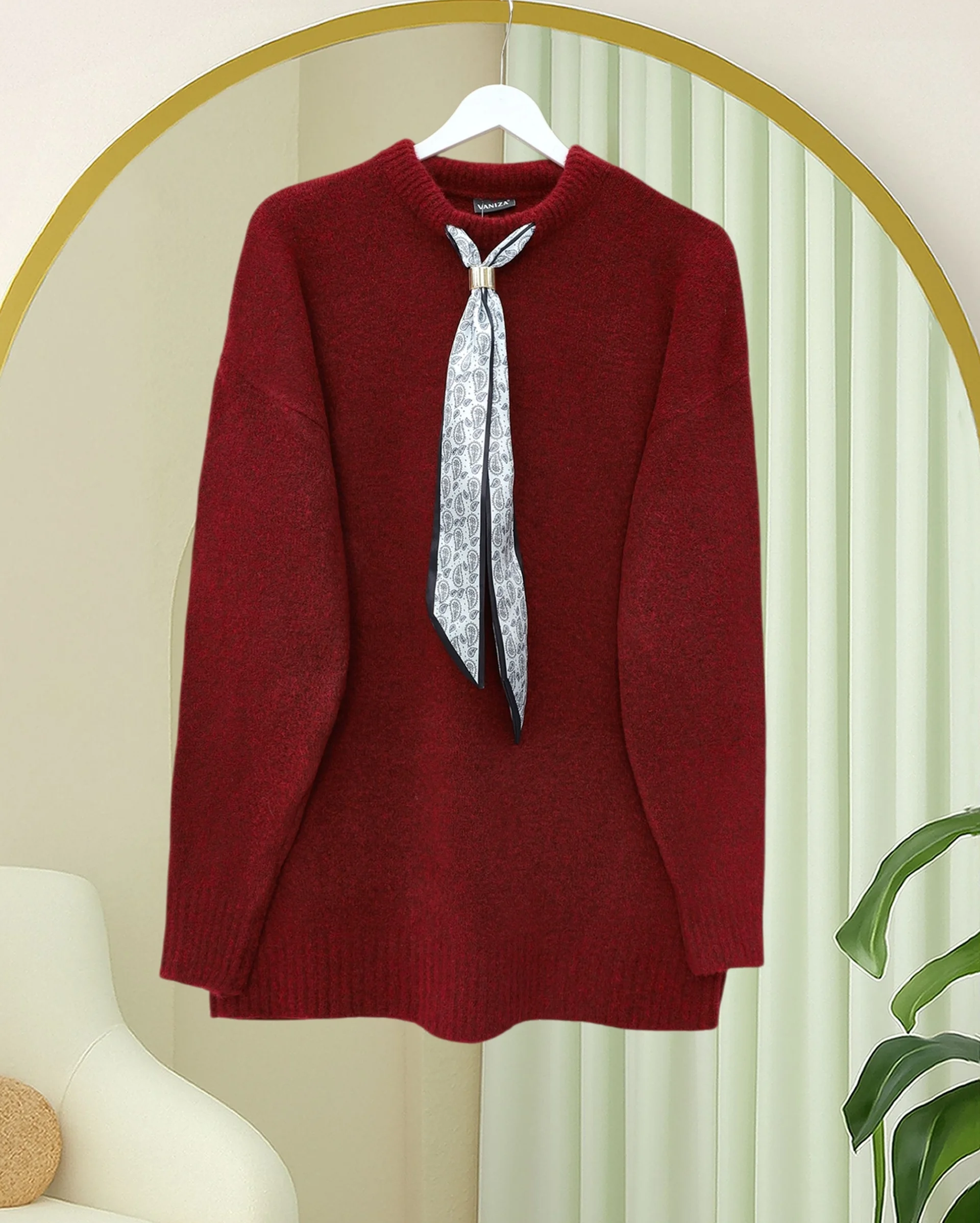 Soft-touch Knit Sweater and Pants Set with Scarf Detail - Burgundy - Podyumplus - by Peralane - photo 2