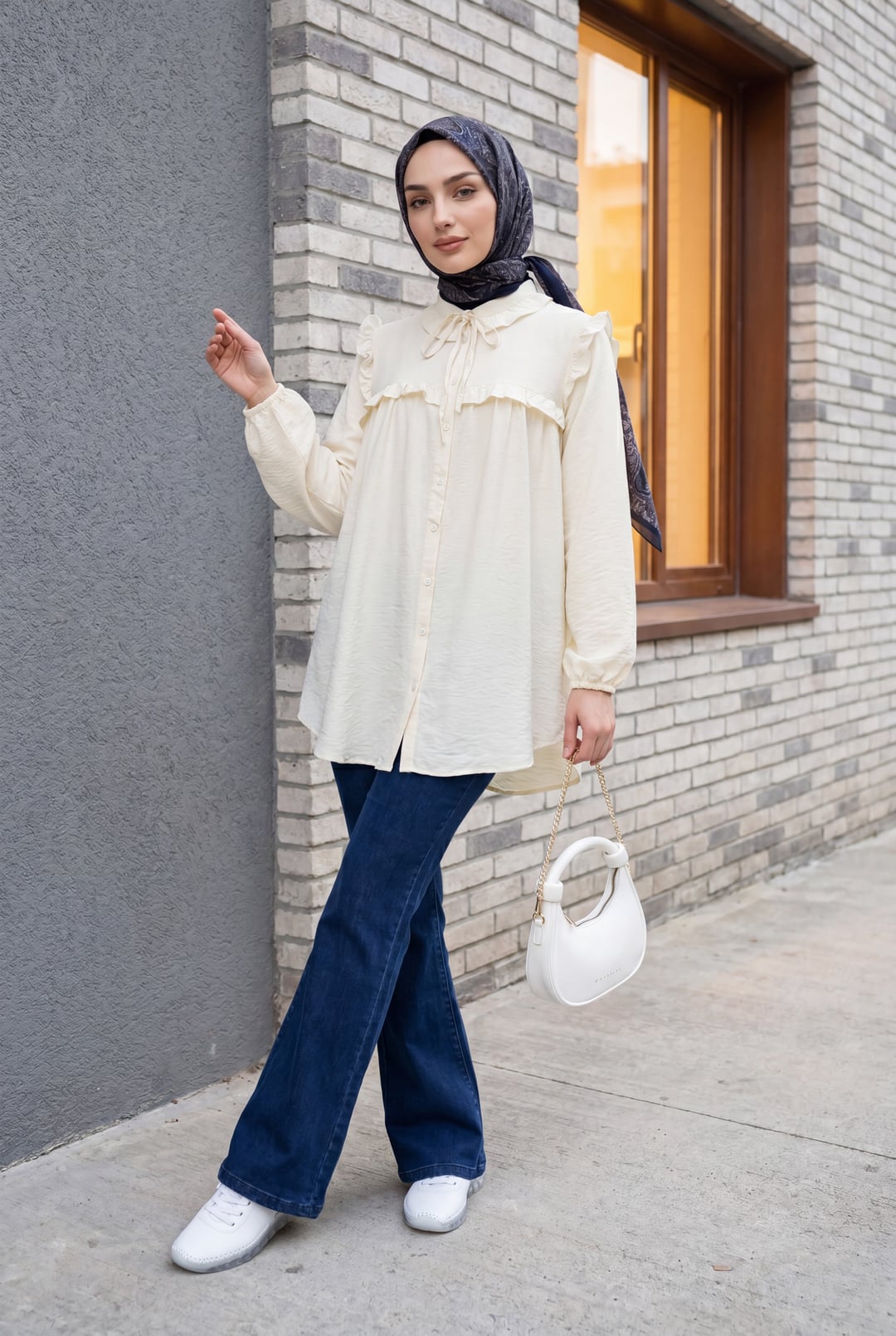 Indigo Drawstring Waist Flared Denim Trousers - Podyumplus - by Peralane - photo 3