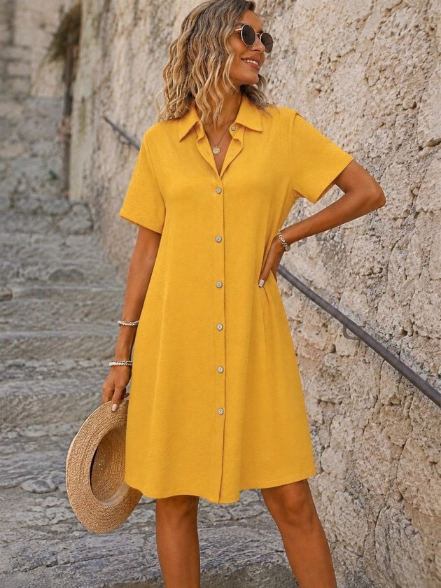 Women's Short Sleeve Collared Button-Front Dress with Textured Linen Blend, Bright Yellow - Janes - by Peralane - photo 2