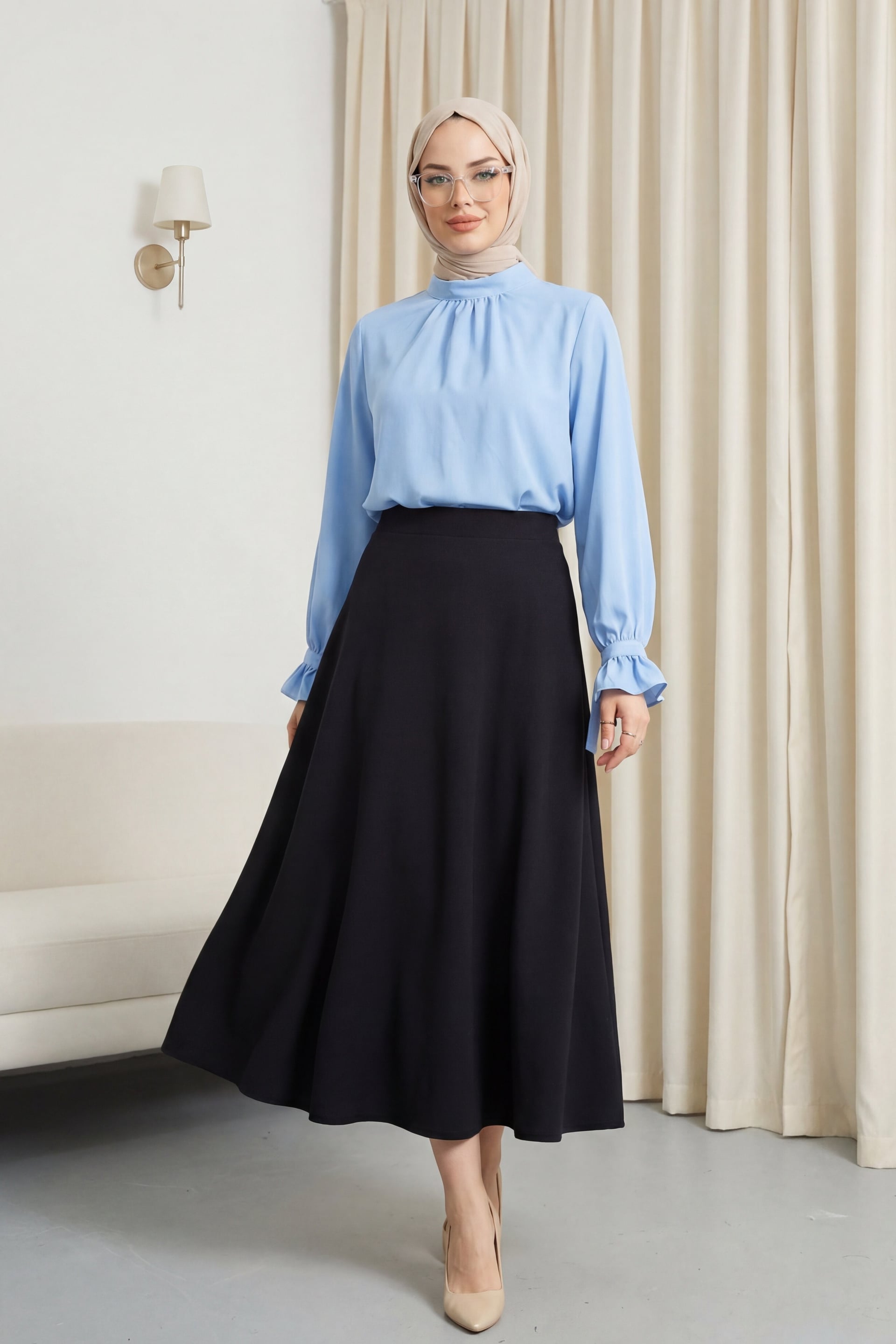 High Neck Ruffled Sleeve Lace-Up Crepe Blouse - Baby Blue - Podyumplus - by Peralane - photo 4