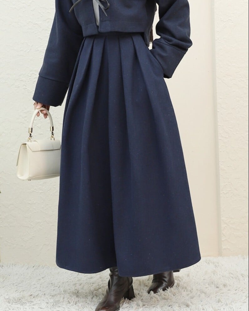 Navy Blue Pleated High-Waist Skirt with Side Pockets - Podyumplus - by Peralane - photo 2