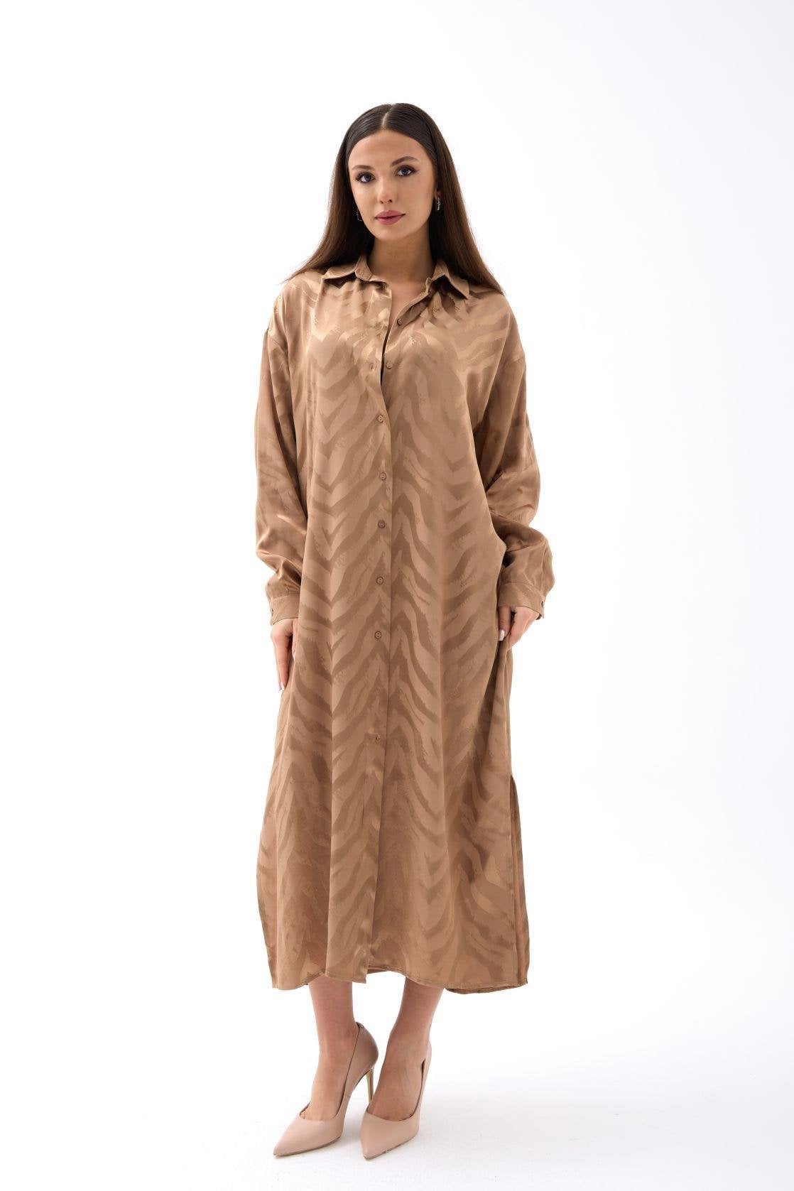 Women's Long Sleeve Midi Shirt Dress with Textured Striped Pattern - Fame - by Peralane