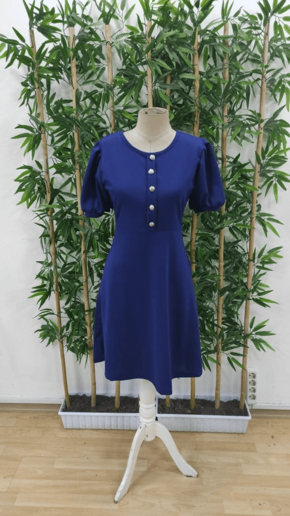 Women's Royal Blue Crepe Dress with Short Puff Sleeves and Front Buttons - Janes - by Peralane - photo 7