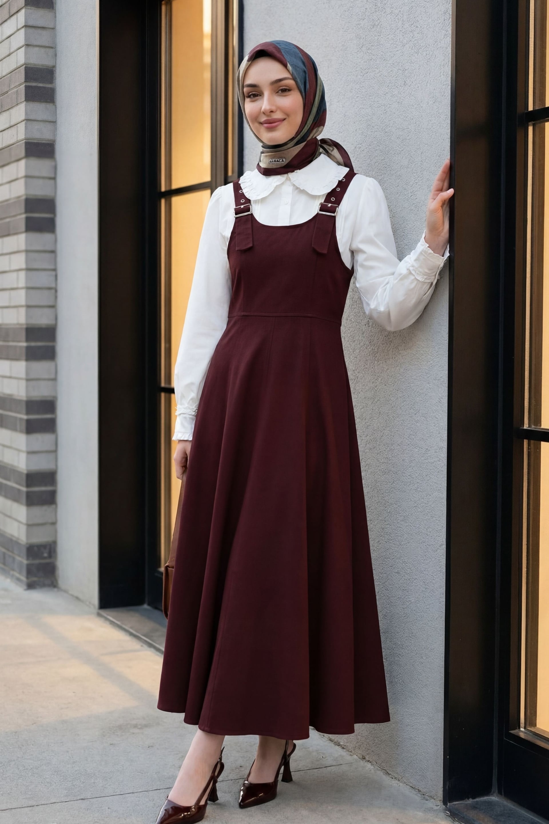 Half-Zip Strap Gabardine Pinafore Dress and Blouse Set - Burgundy - Podyumplus - by Peralane