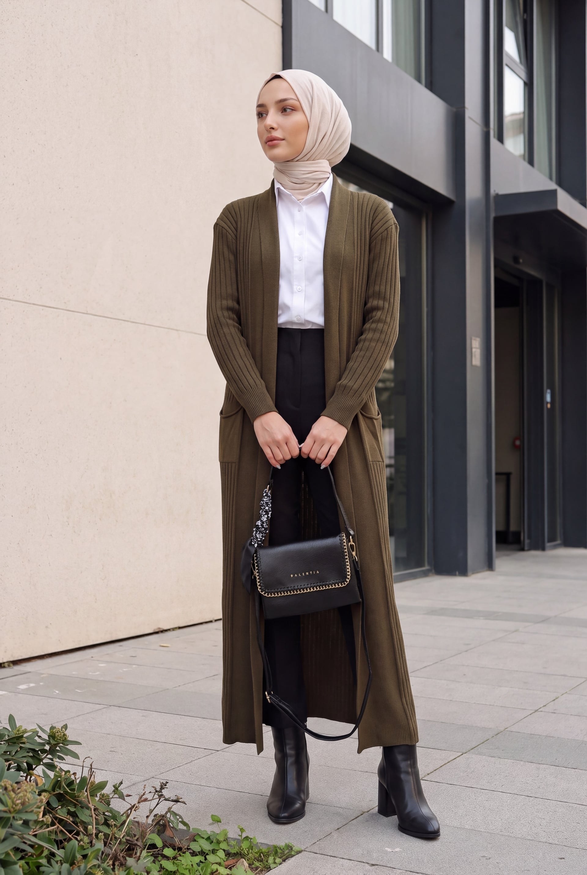 Long Ribbed Knit Cardigan with Belt - Khaki - Wholeskop - by Peralane - photo 4