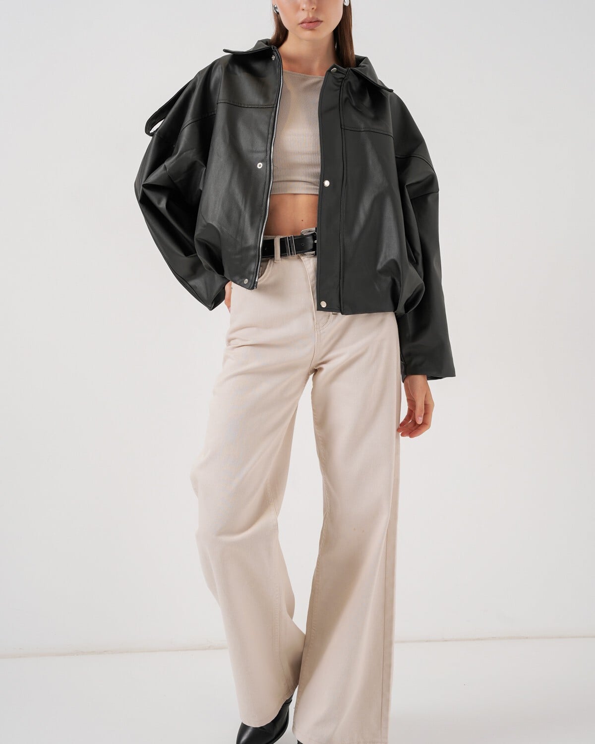 Women's Oversize Faux Leather Jacket - Black - Bigdart - by Peralane - photo 6