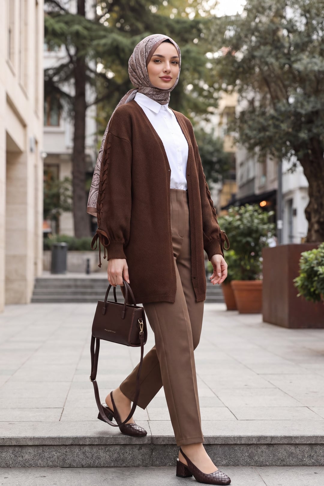Braided Sleeve Relaxed Knit Cardigan - Brown - Podyumplus - by Peralane - photo 3