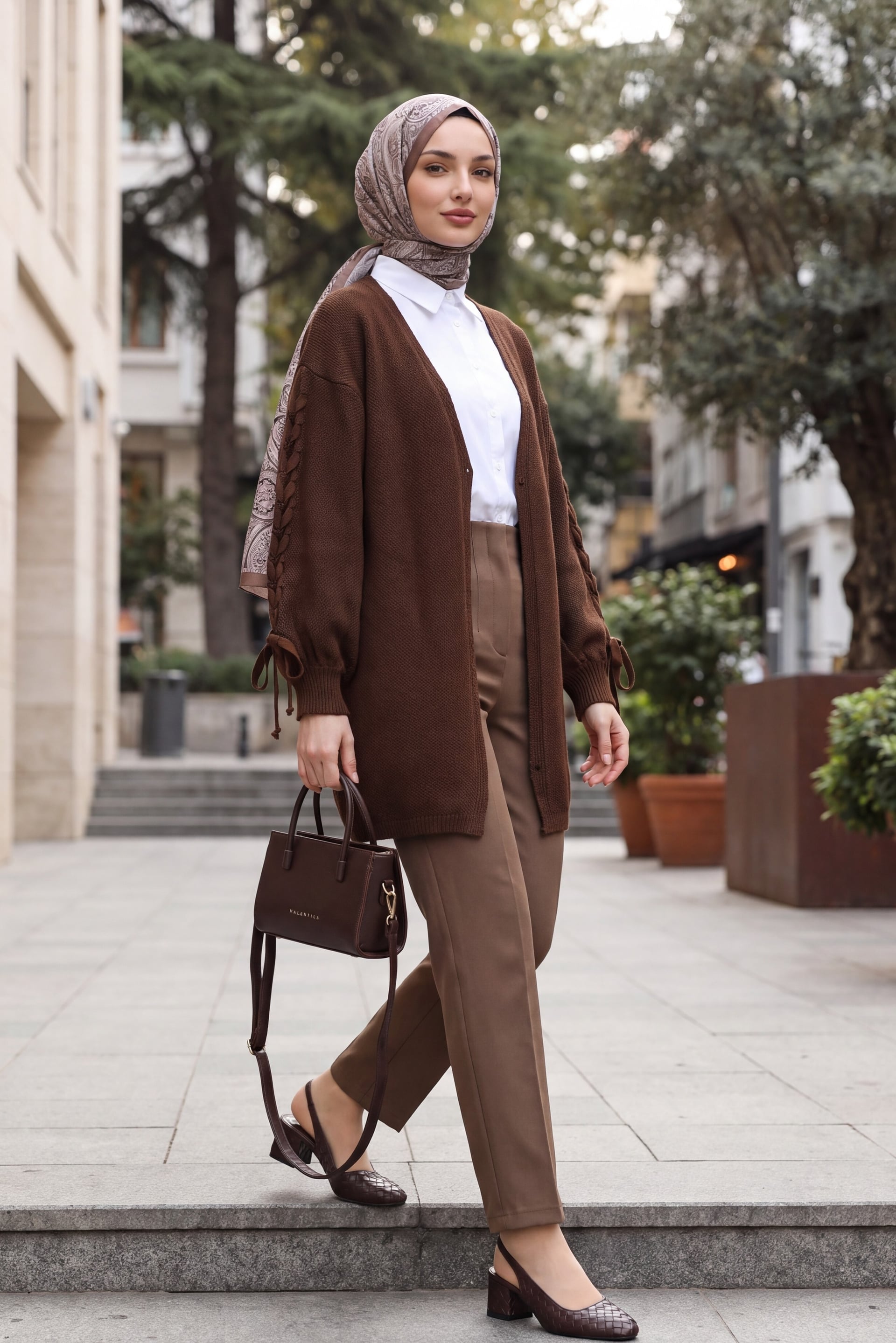 Braided Sleeve Relaxed Knit Cardigan - Brown - Podyumplus - by Peralane - photo 3