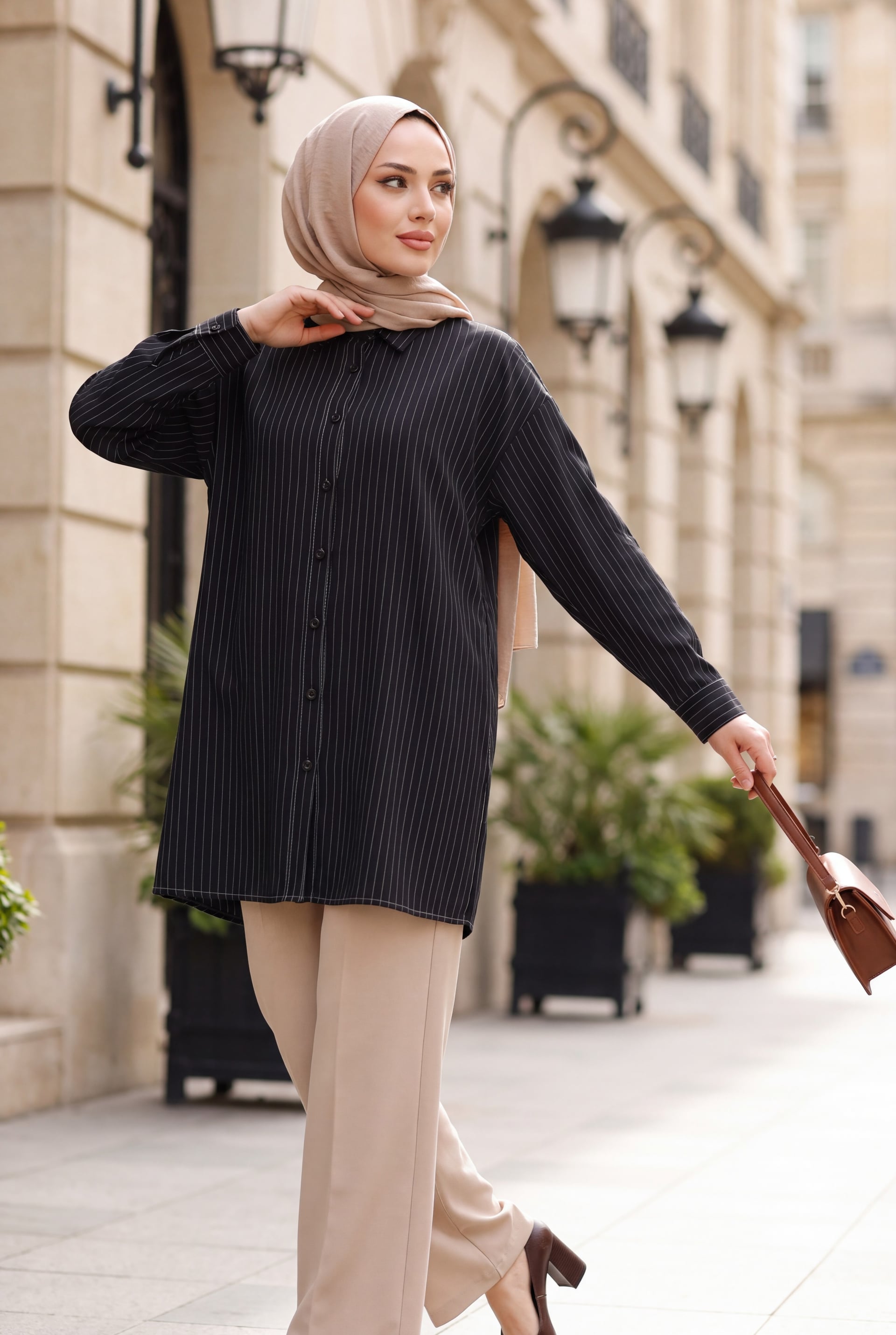 Striped Button Oval Cut Linen Look Shirt - Brown - Podyumplus - by Peralane - photo 3