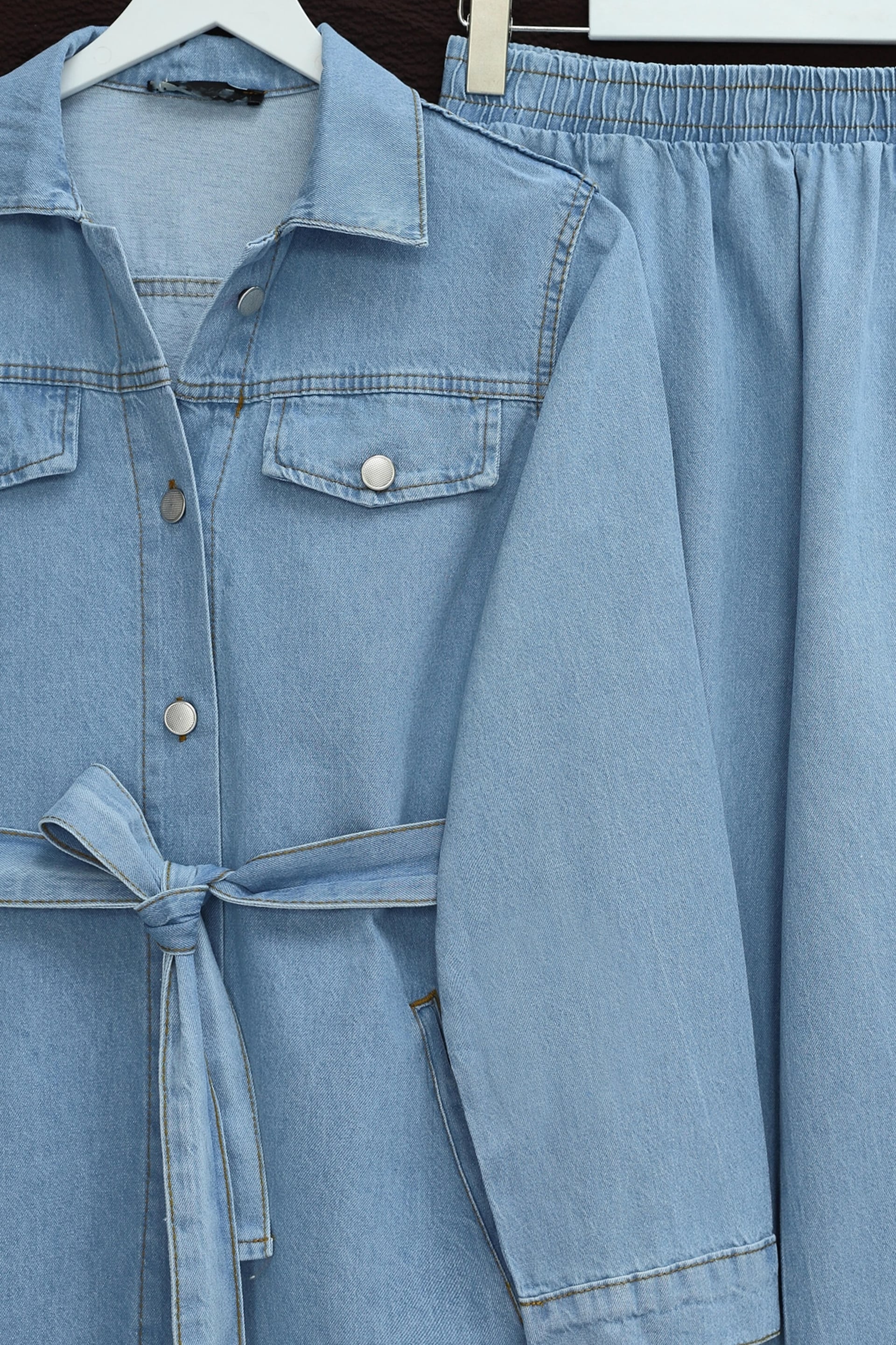 Denim Two-Piece Co-ord Set with Belted Waist and Pockets - Light Blue - Podyumplus - by Peralane - photo 4