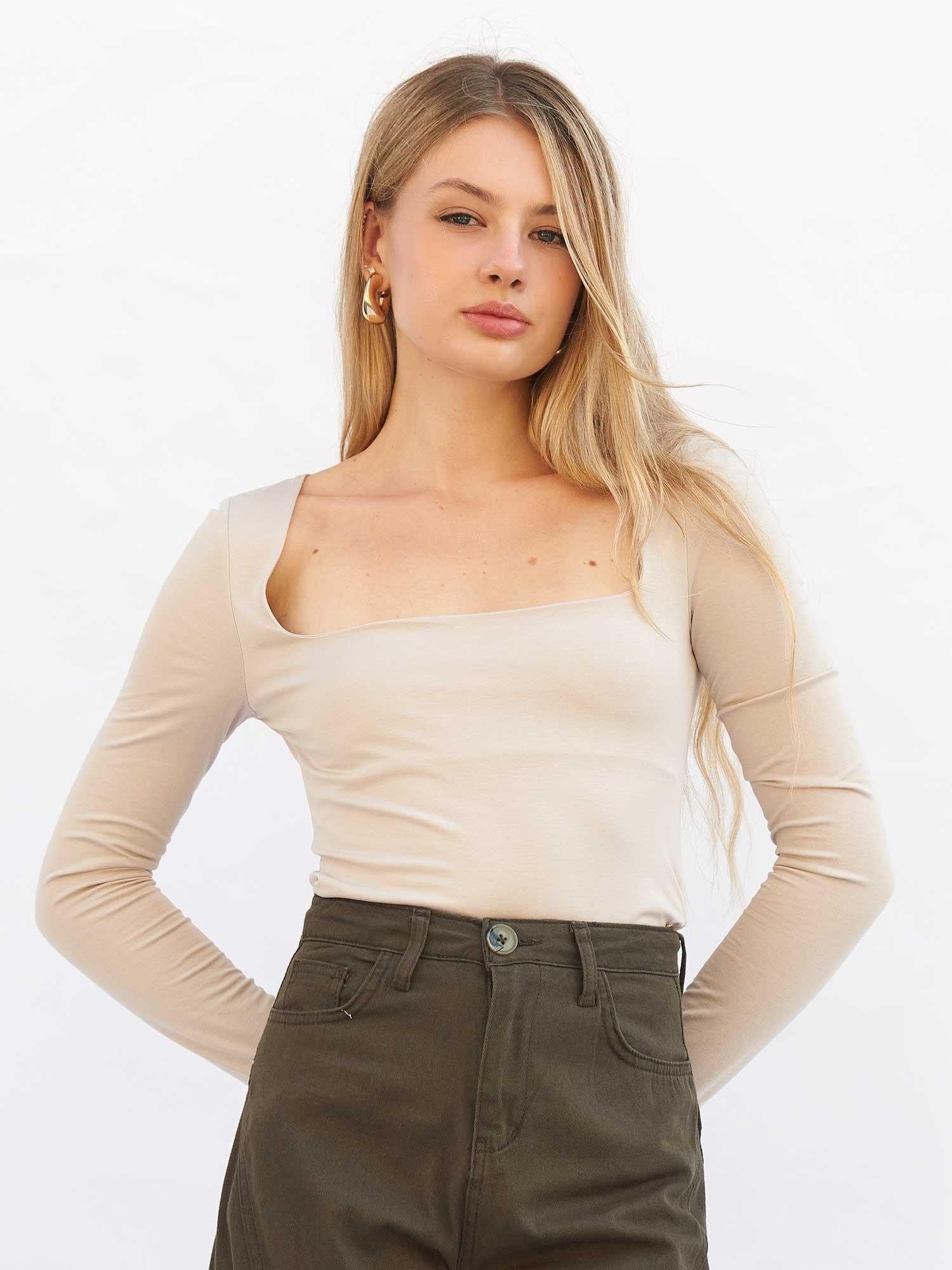 Women's Square Neck Long Sleeve Knit Top with Shoulder Cut-Out - Light Beige - Lefon - by Peralane