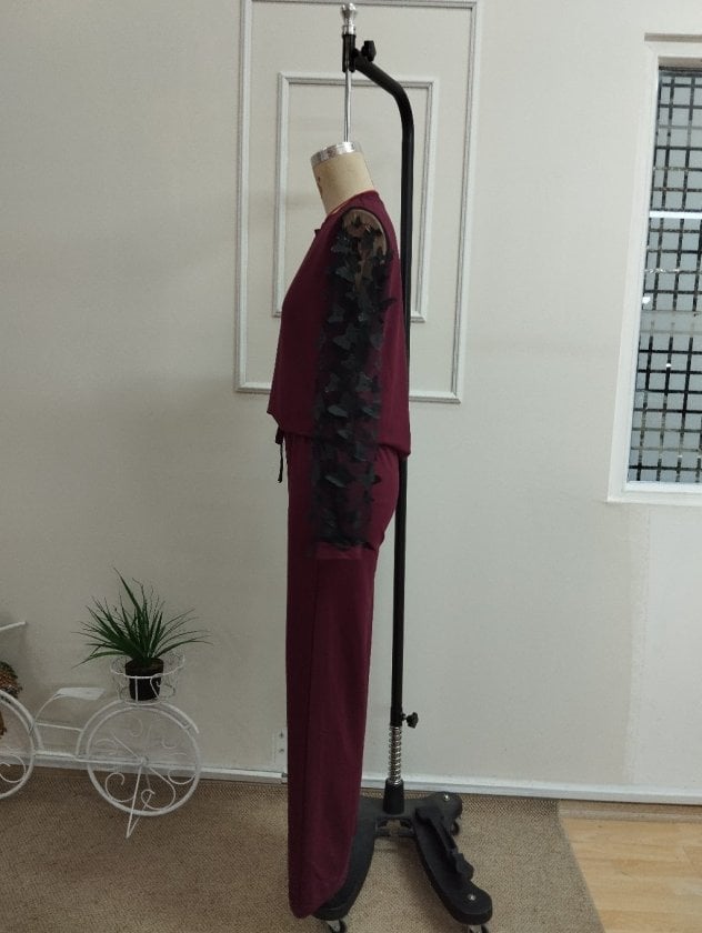 Women's Long-Sleeve Crew Neck Tulle Sleeve Viscose Two-Thread Blouse and Trousers Two-Piece Set - Janes - by Peralane - photo 5