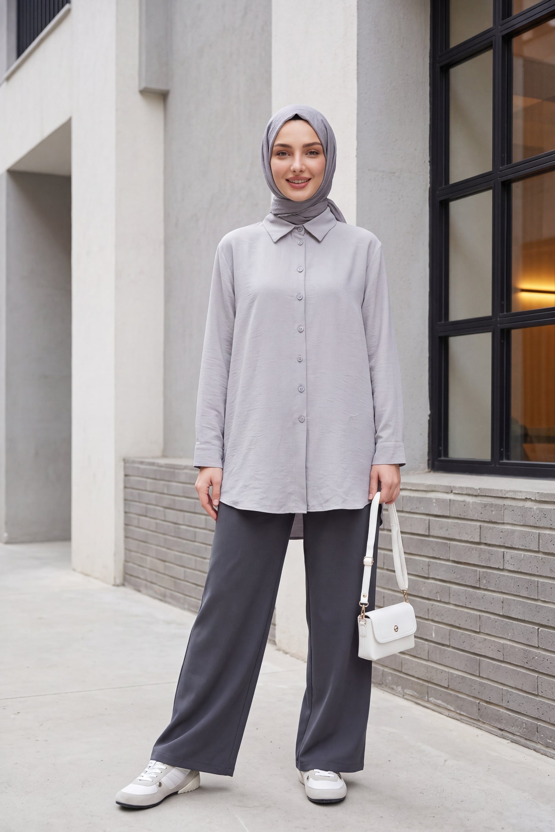 Long Back Buttoned Poplin Shirt - Light Grey - Podyumplus - by Peralane - photo 3