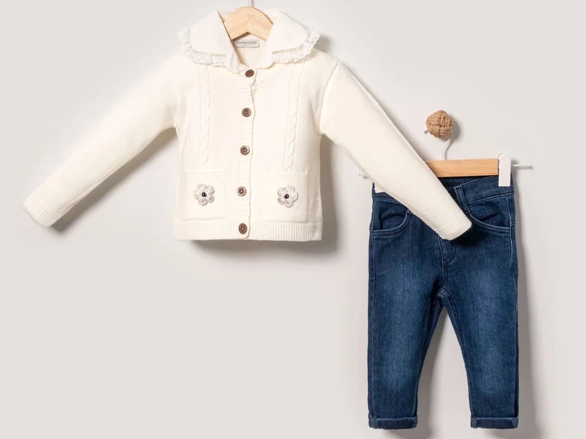 Girls' 3-Piece Set with Lace Detail Cardigan and Denim Trousers - Eymus - by Peralane