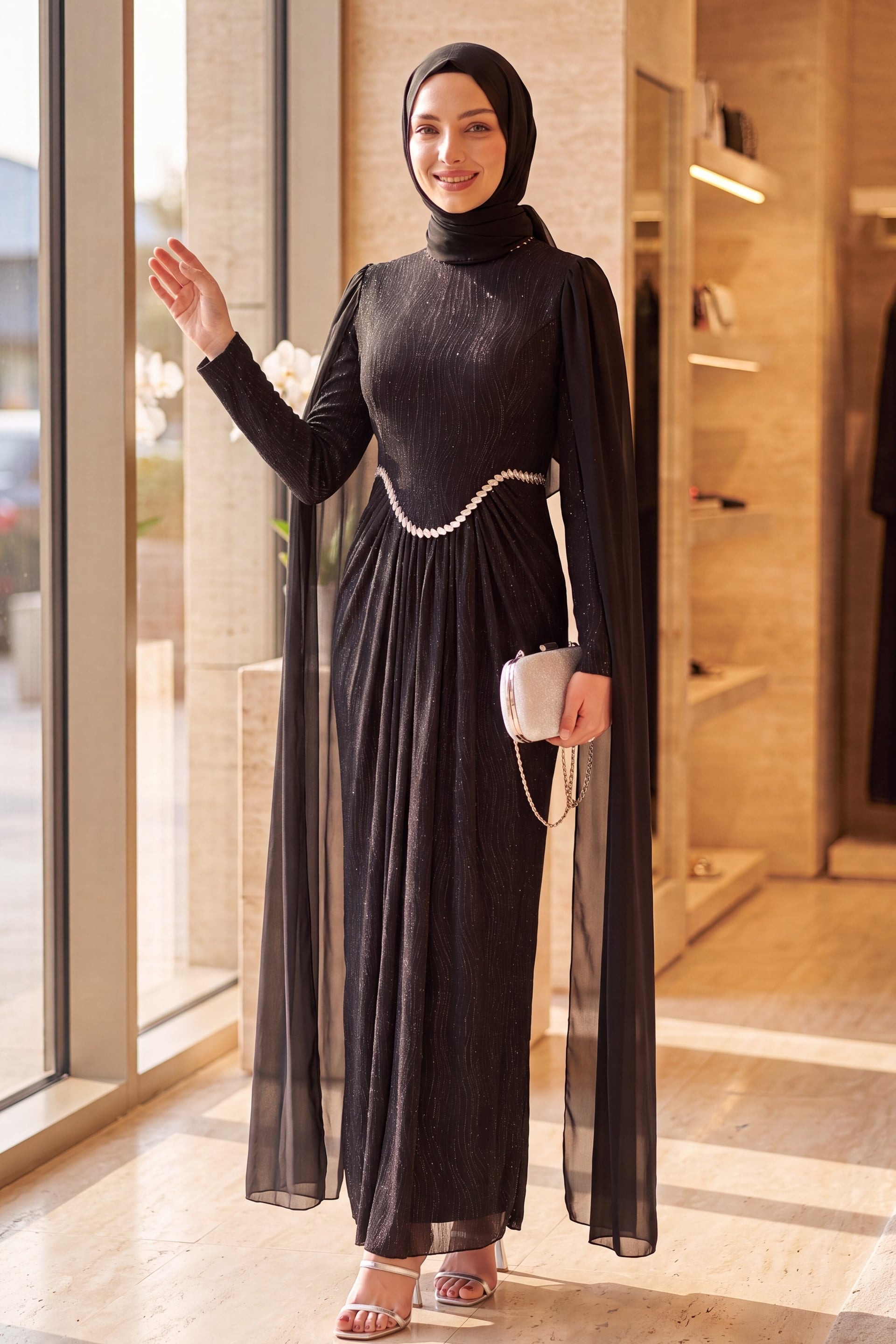 Black Sequin Jersey Evening Dress with High Neck and Cape Sleeves - Podyumplus - by Peralane - photo 3