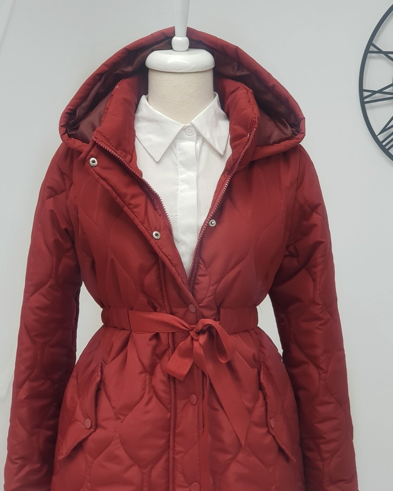 Quilted Hooded Coat with Tie Belt - Burgundy - Podyumplus - by Peralane - photo 2