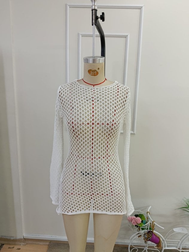 Women's White Knit Crochet Backless Pareo Beach Cover-Up Dress - Janes - by Peralane - photo 2
