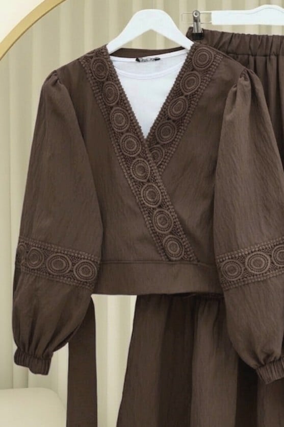 Lace Detail Wrap Top and Tiered Skirt Co-ord Set in Dark Brown - Podyumplus - by Peralane - photo 8
