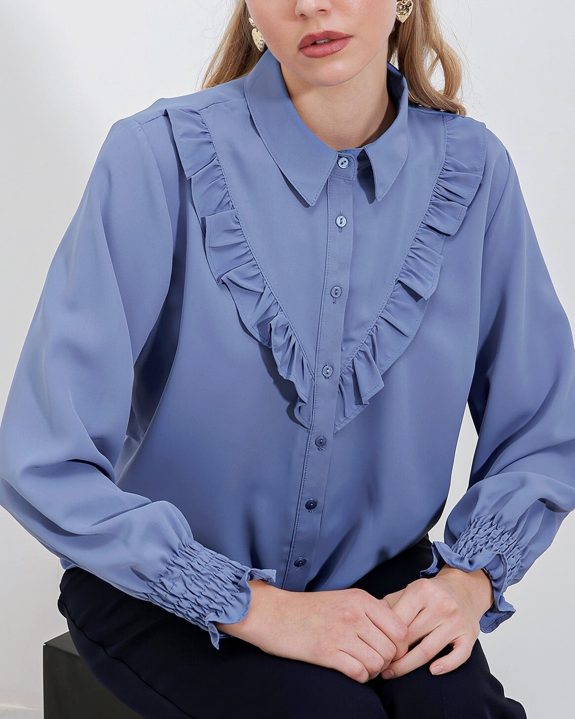 Ruffled Long Sleeve Blouse - Indigo - Bigdart - by Peralane - photo 5