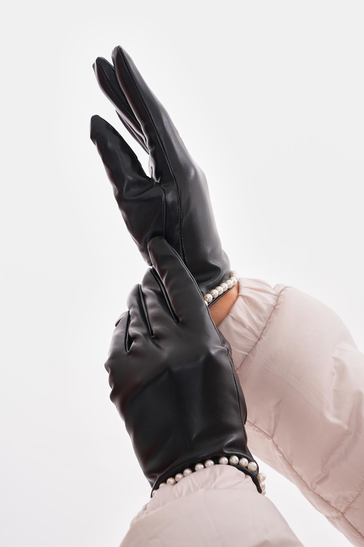 Pearl Trim Black PU Leather Gloves - Nesvay - by Peralane - photo 2