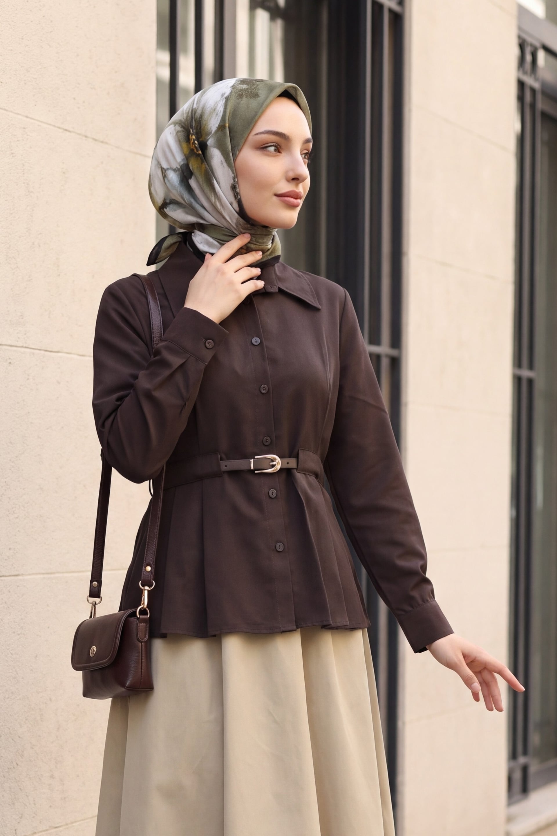 Belted Pleated Long-Sleeve Blouse - Dark Brown - Podyumplus - by Peralane