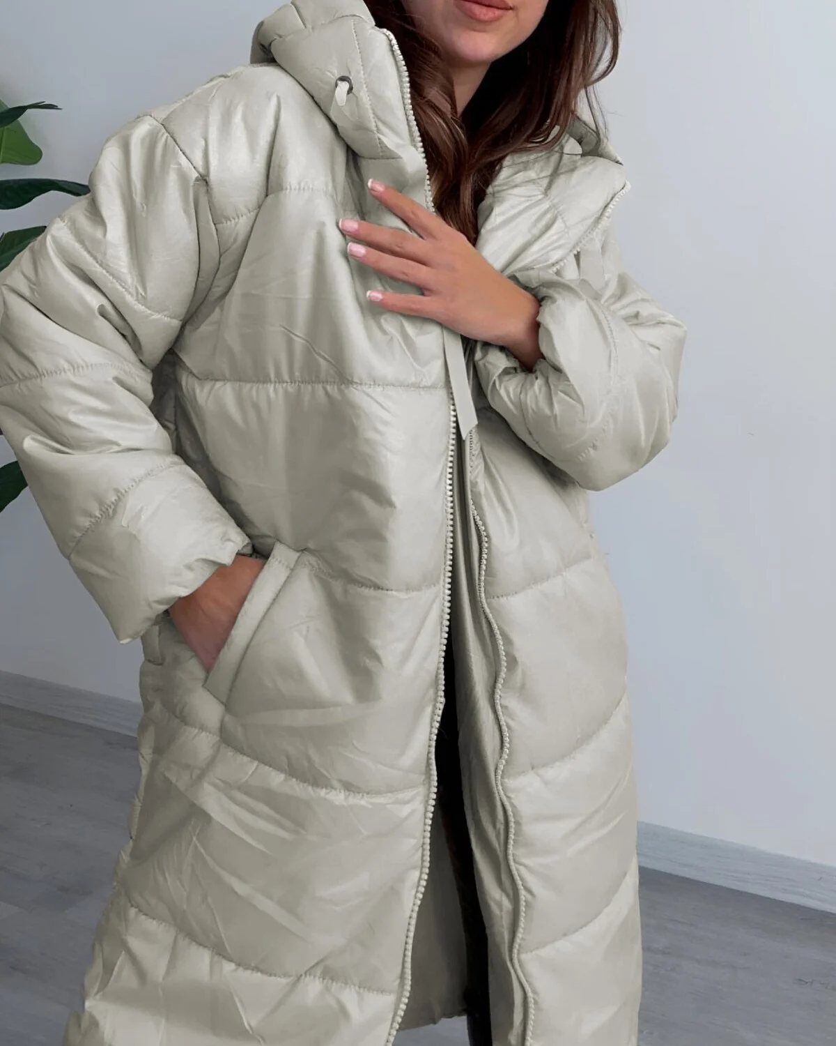 Women's Hooded Quilted Puffer Jacket with Drawstring - Stone - Podyumplus - by Peralane - photo 4