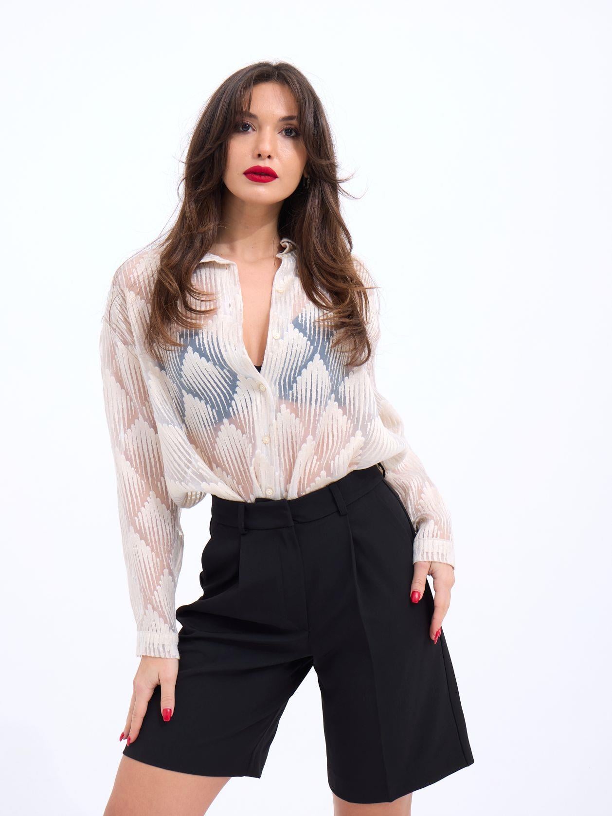 Women's Sheer Blouse and High-Waisted Pleated Shorts Set - Fame - by Peralane - photo 5