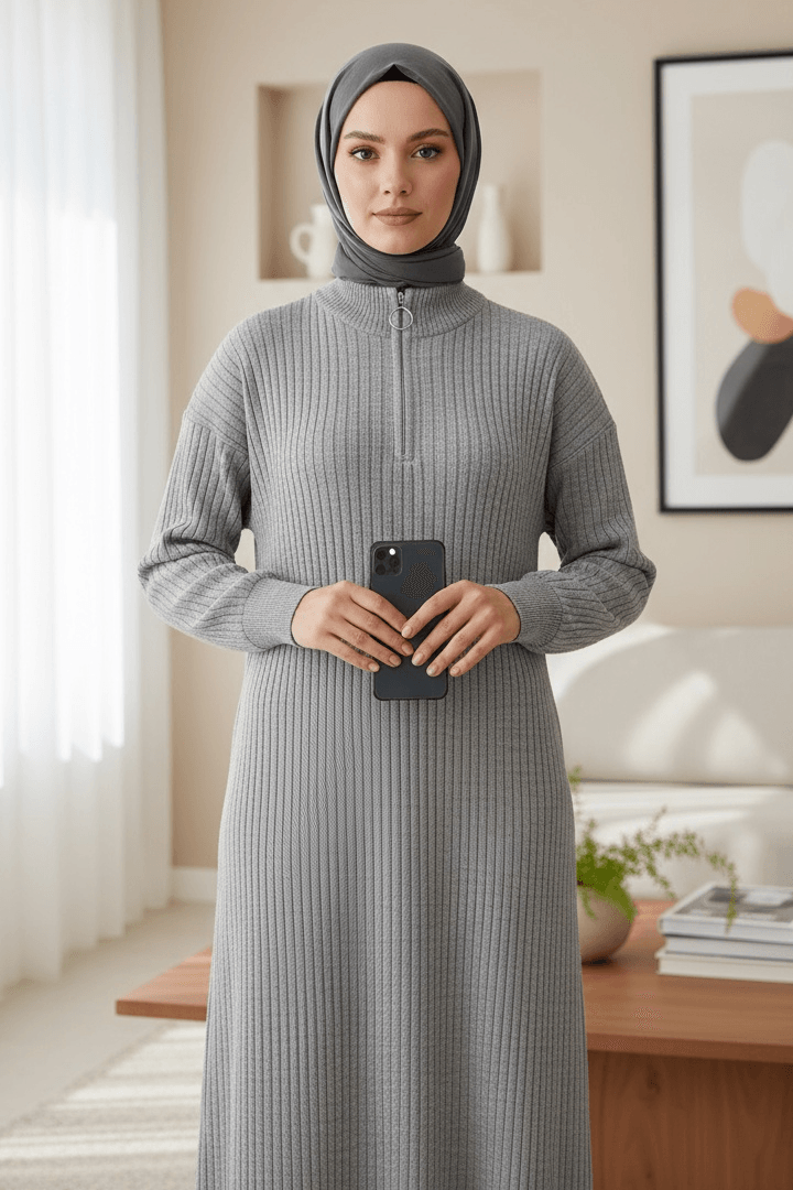 Grey Ribbed Knit Midi Dress with Half-Zip - Bigdart - by Peralane