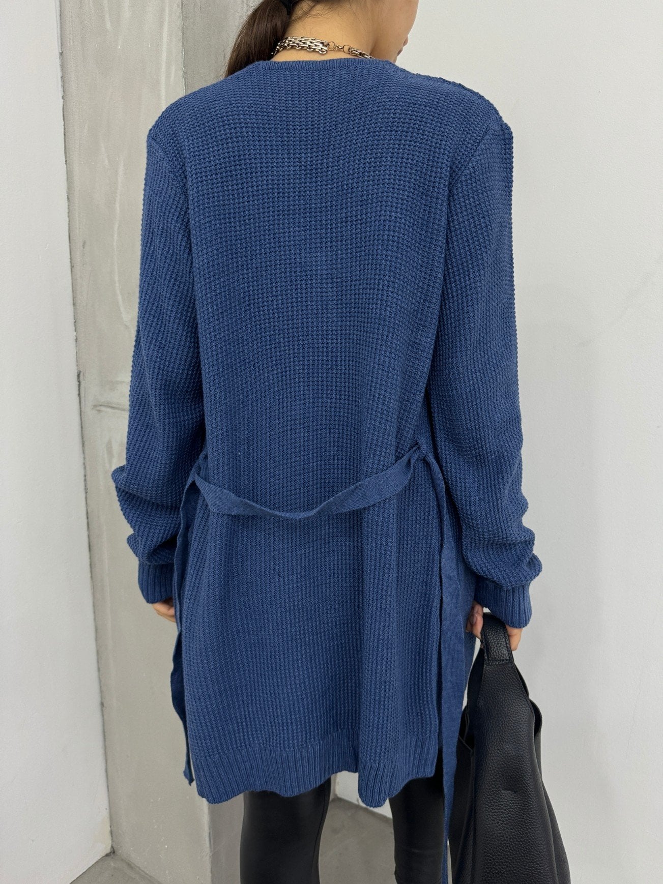 Indigo Waffle Knit Cardigan with Belt and Pockets - Podyumplus - by Peralane - photo 7
