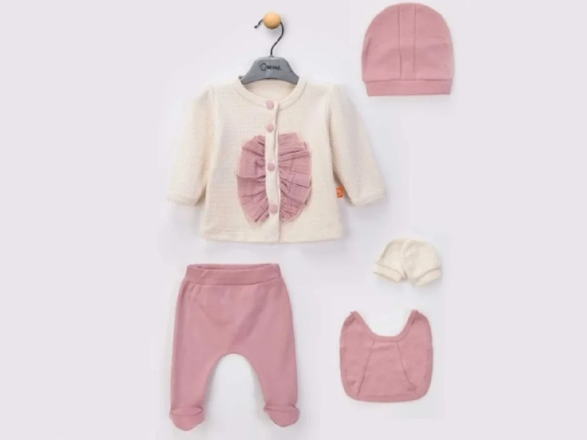 Dusty Rose Button and Ruffle Detail 5-Piece Newborn Baby Girl Set - Beyaz Bebek - by Peralane