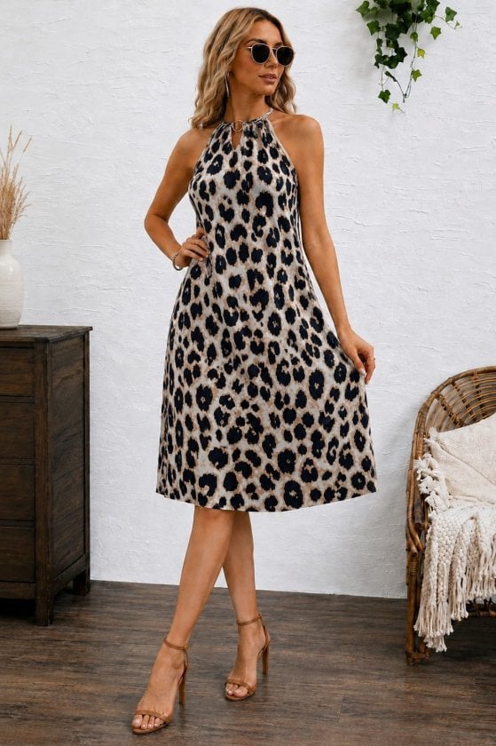 Women's Sleeveless Leopard Print Halter Neck Dress with Ring Detail - Janes - by Peralane - photo 3