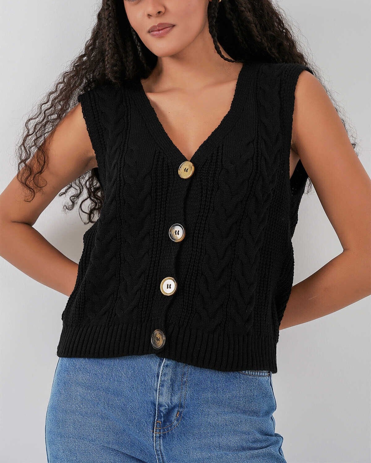 Black Buttoned Short Knitted Vest - Bigdart - by Peralane - photo 2