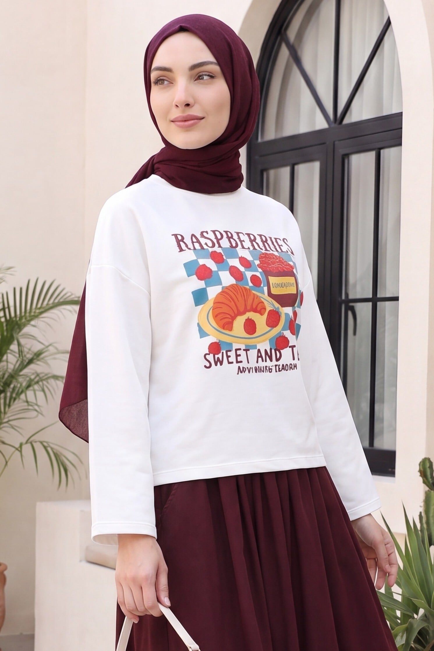 Fruit Print Crew Neck Oversize 2-Thread Sweatshirt - Burgundy - Podyumplus - by Peralane - photo 2