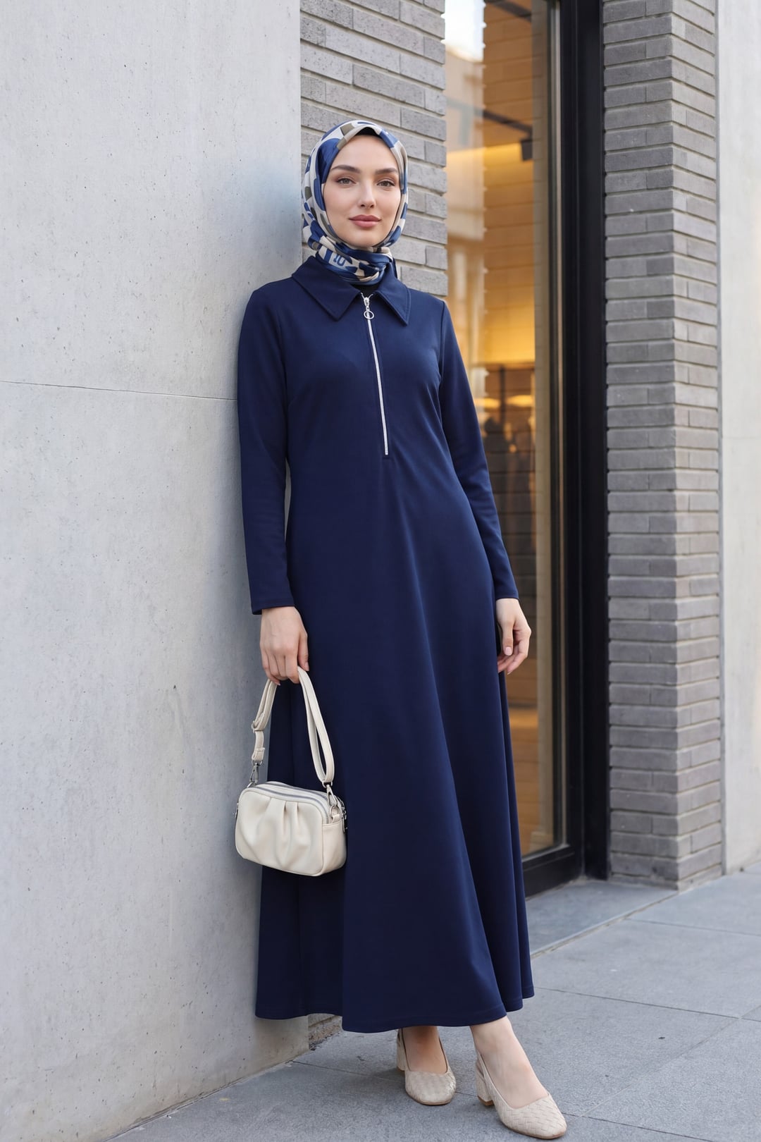 Half Zip Collared Long Oysho Dress - Navy Blue - Podyumplus - by Peralane