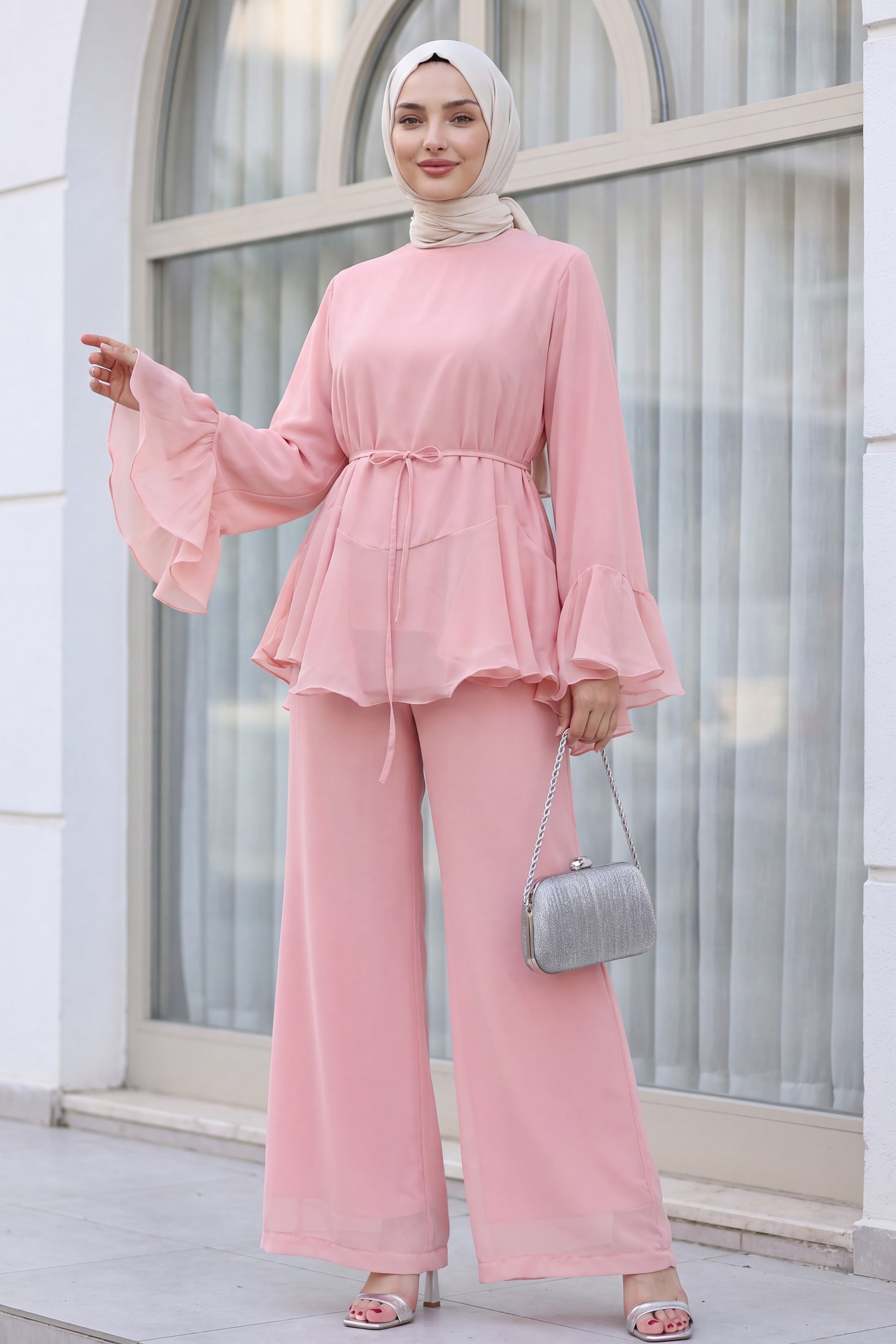 Chiffon Two-Piece Set with Peplum Top and Wide-Leg Trousers - Powder - Podyumplus - by Peralane - photo 3