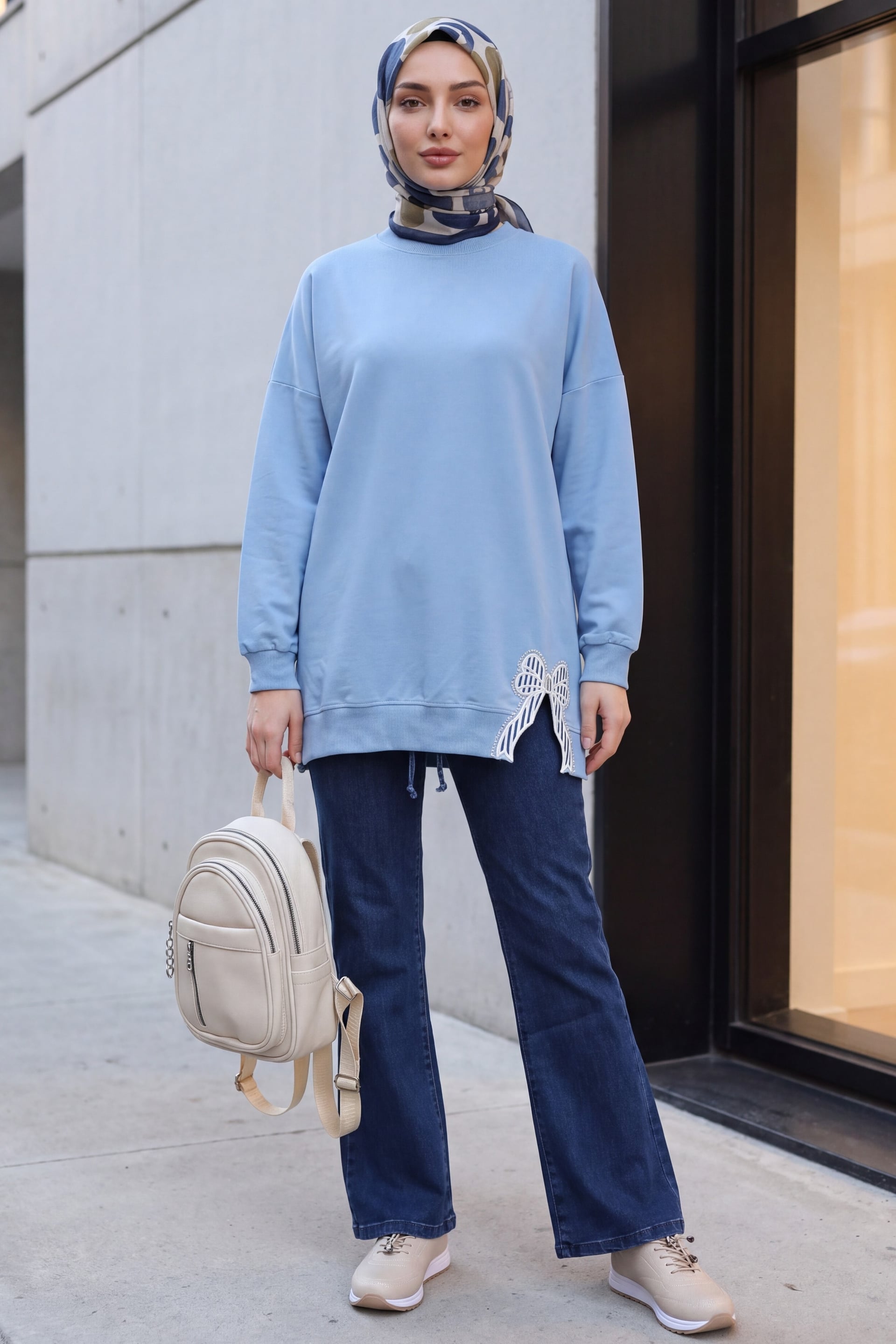 Round Neck with Bow Detail Relaxed Knit Tunic - Light Blue - Podyumplus - by Peralane - photo 5