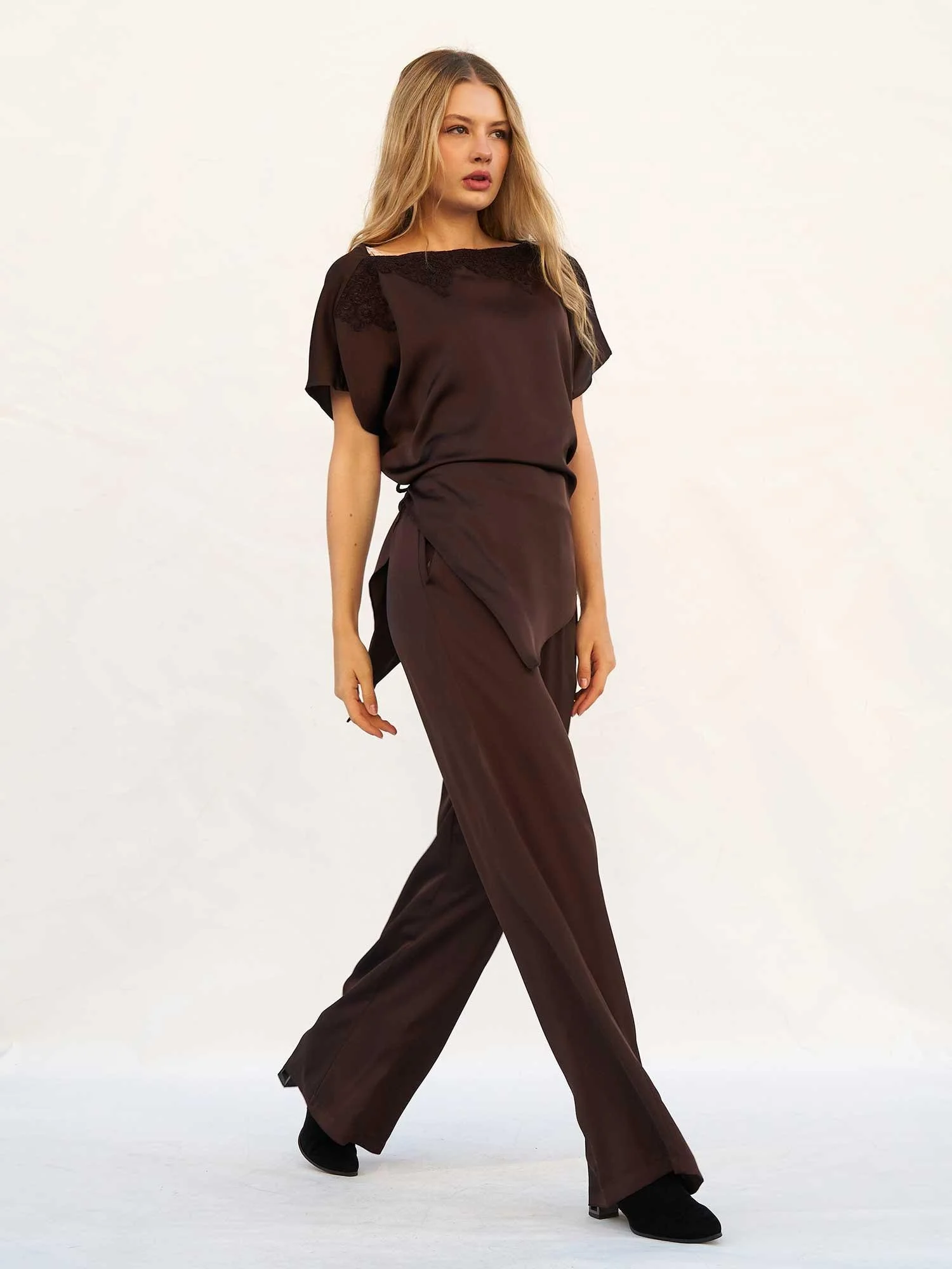 Lace-Trimmed Boat Neck Top and Asymmetrical Wrap Wide-Leg Trousers Set - Lefon - by Peralane - photo 5